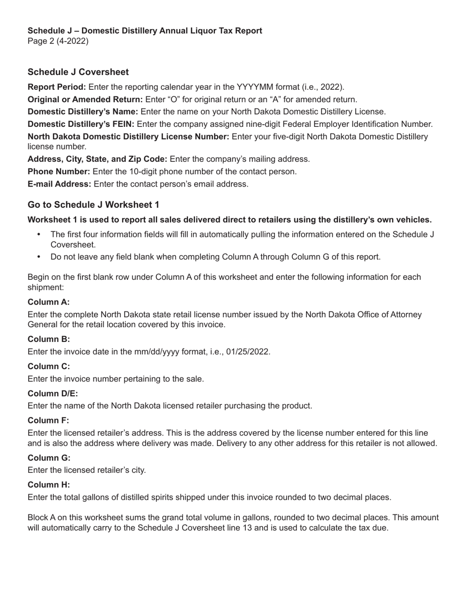 Instructions for Schedule J Domestic Distillery Annual Manufacturer Report - North Dakota, Page 2