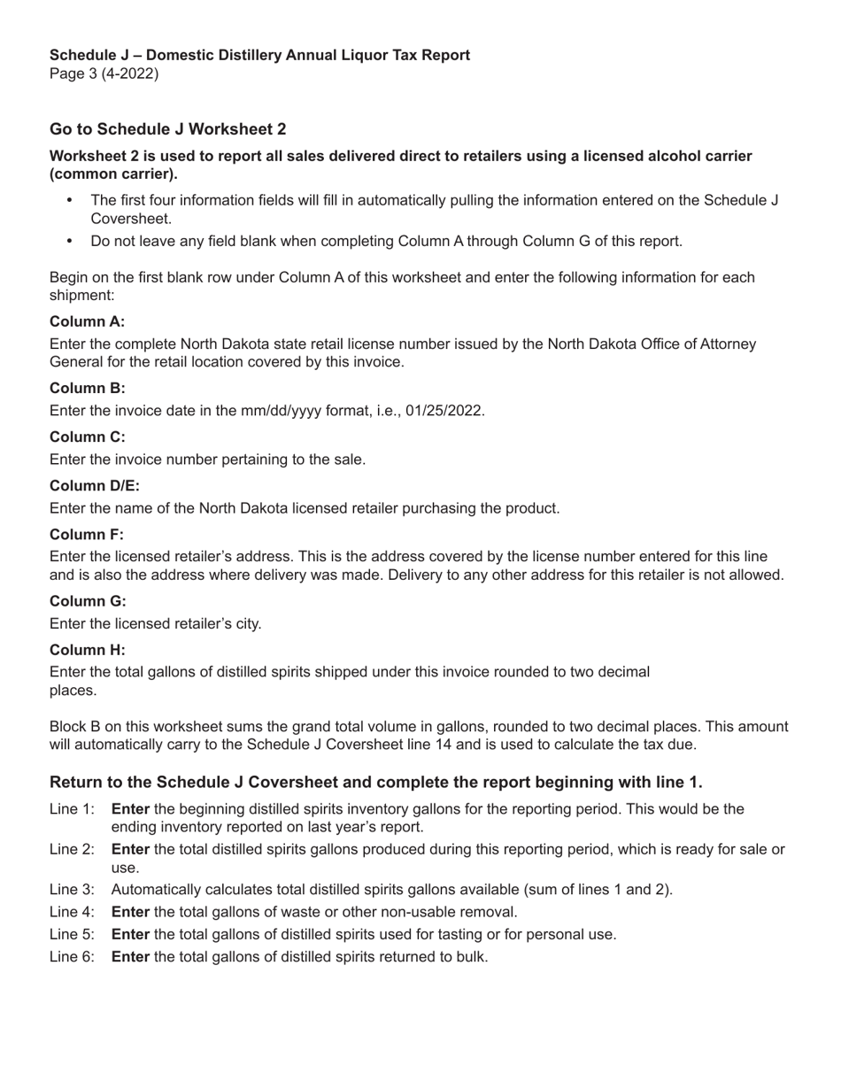 Instructions for Schedule J Domestic Distillery Annual Manufacturer Report - North Dakota, Page 3