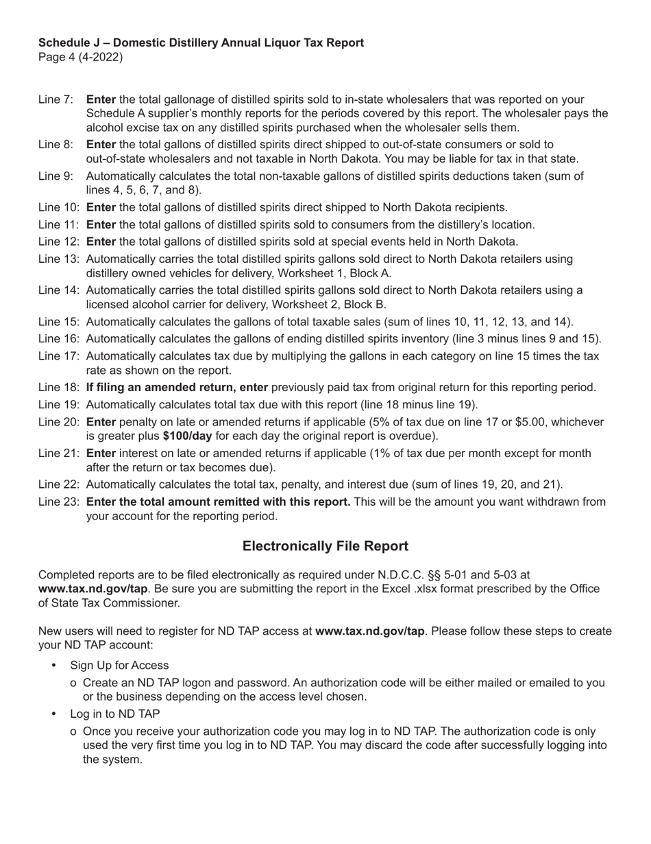 Instructions for Schedule J Domestic Distillery Annual Manufacturer Report - North Dakota, Page 4