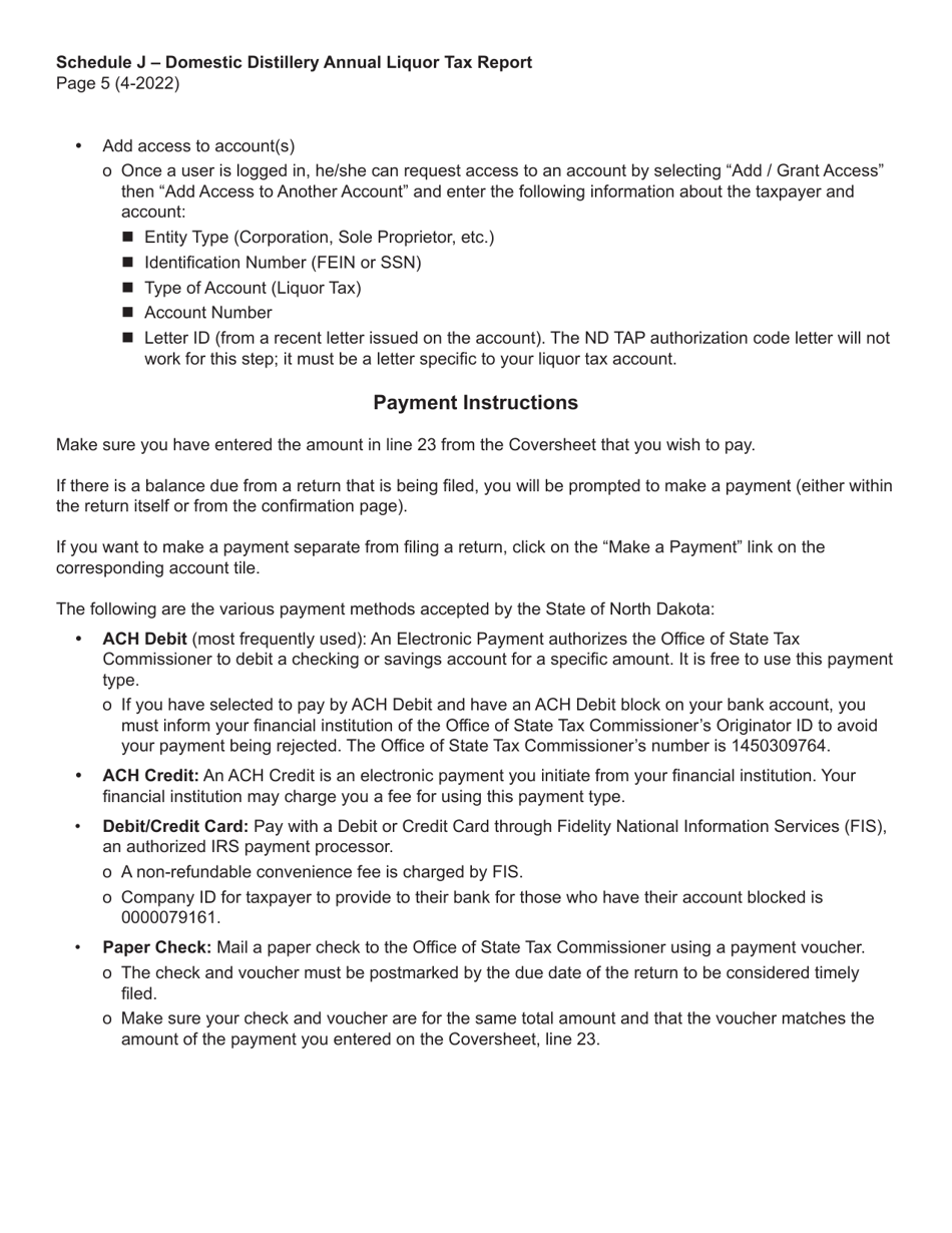Instructions for Schedule J Domestic Distillery Annual Manufacturer Report - North Dakota, Page 5