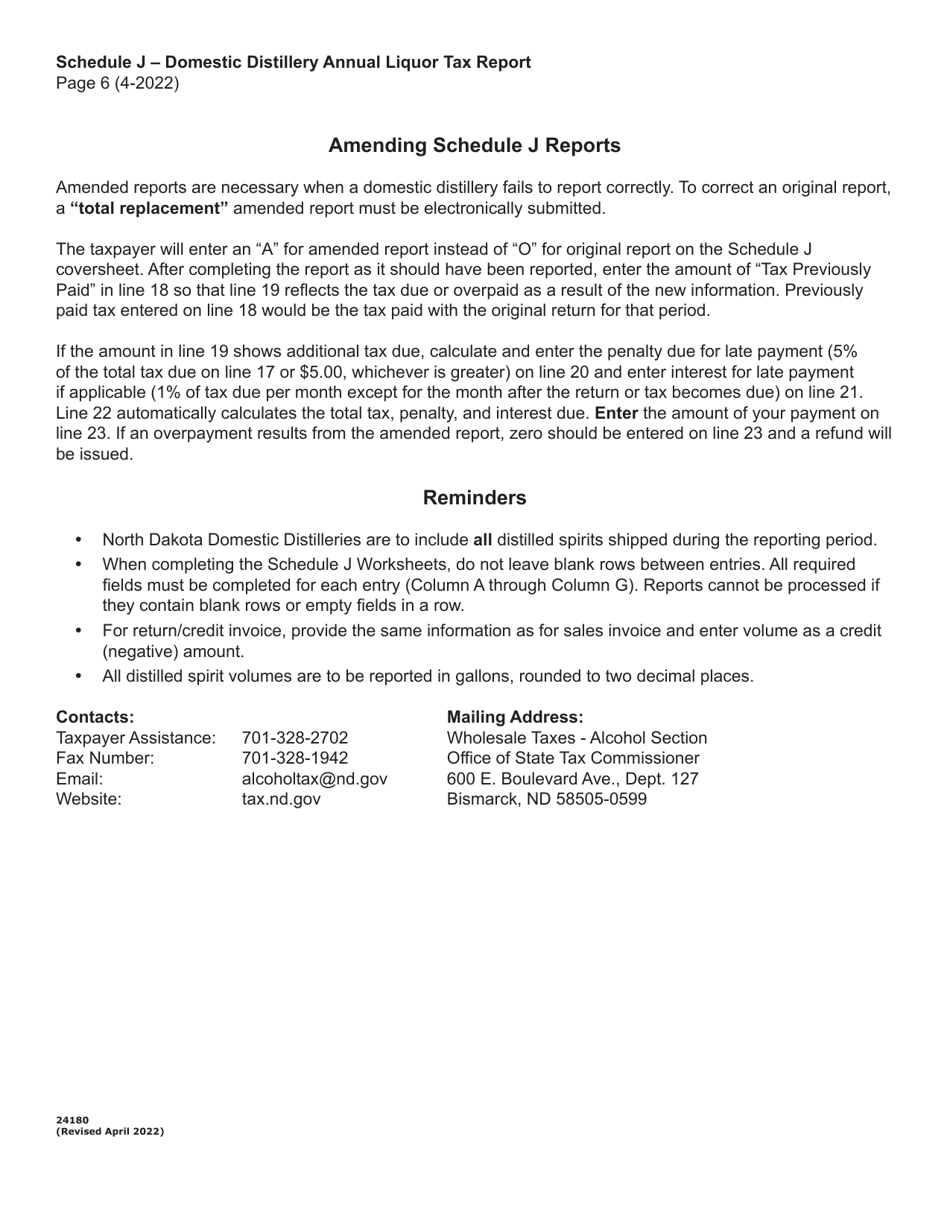 Instructions for Schedule J Domestic Distillery Annual Manufacturer Report - North Dakota, Page 6