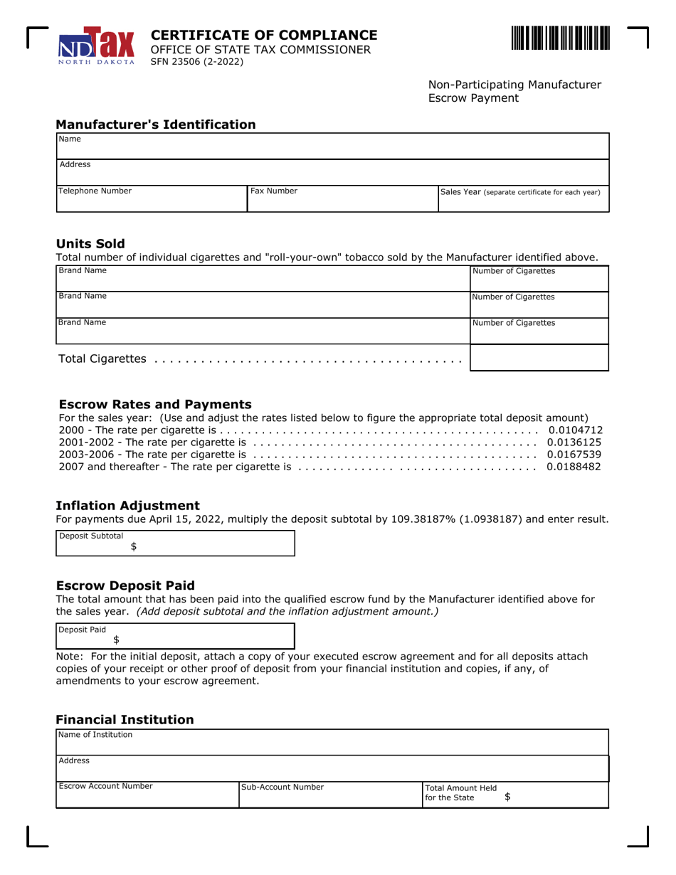 Form SFN23506 Certificate of Compliance - North Dakota, Page 1
