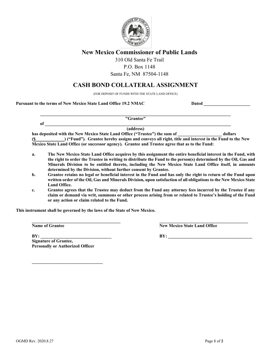 New Mexico Cash Bond Collateral Assignment - Fill Out, Sign Online and ...