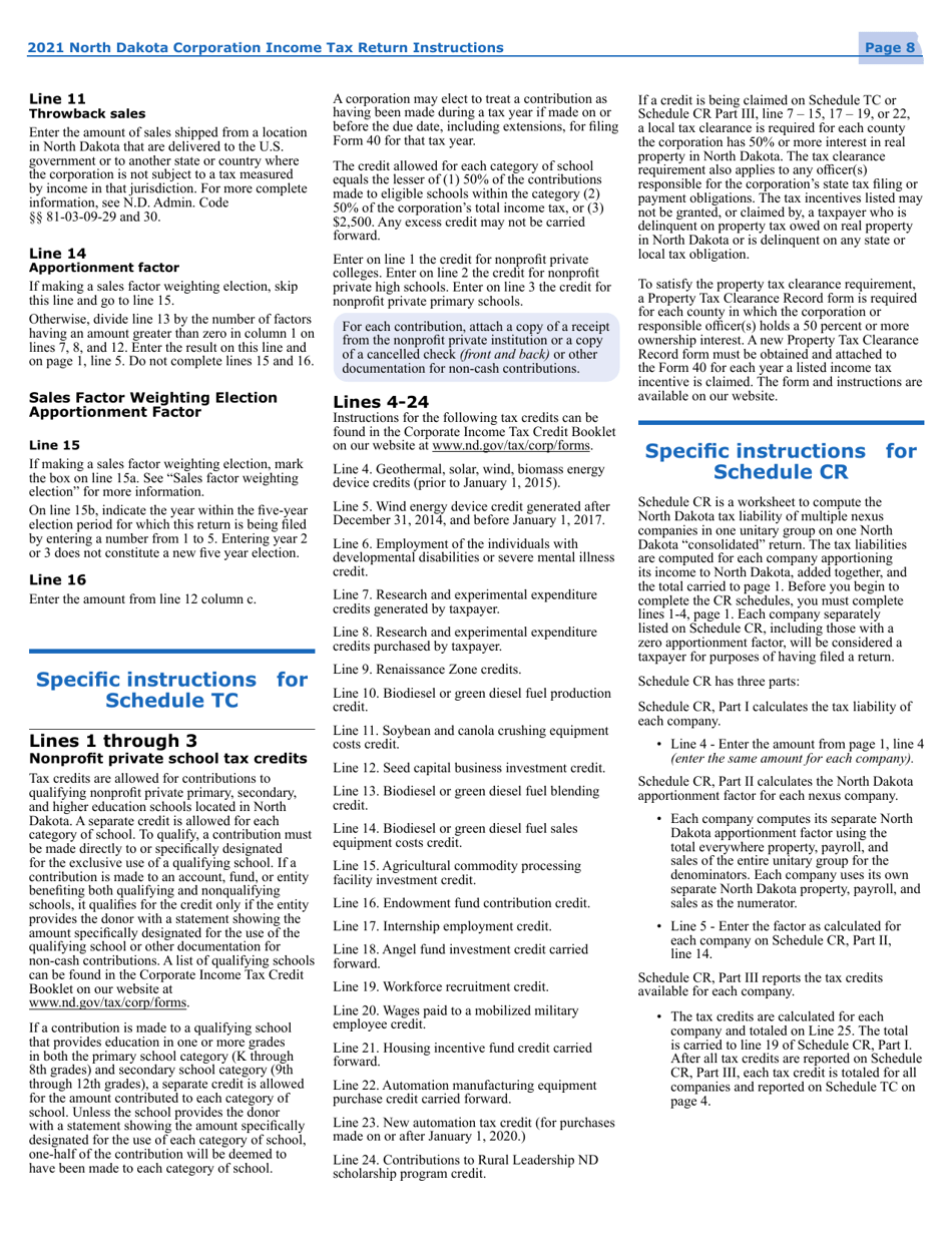 Instructions for Form 40, SFN28740 Corporation Income Tax Return - North Dakota, Page 11