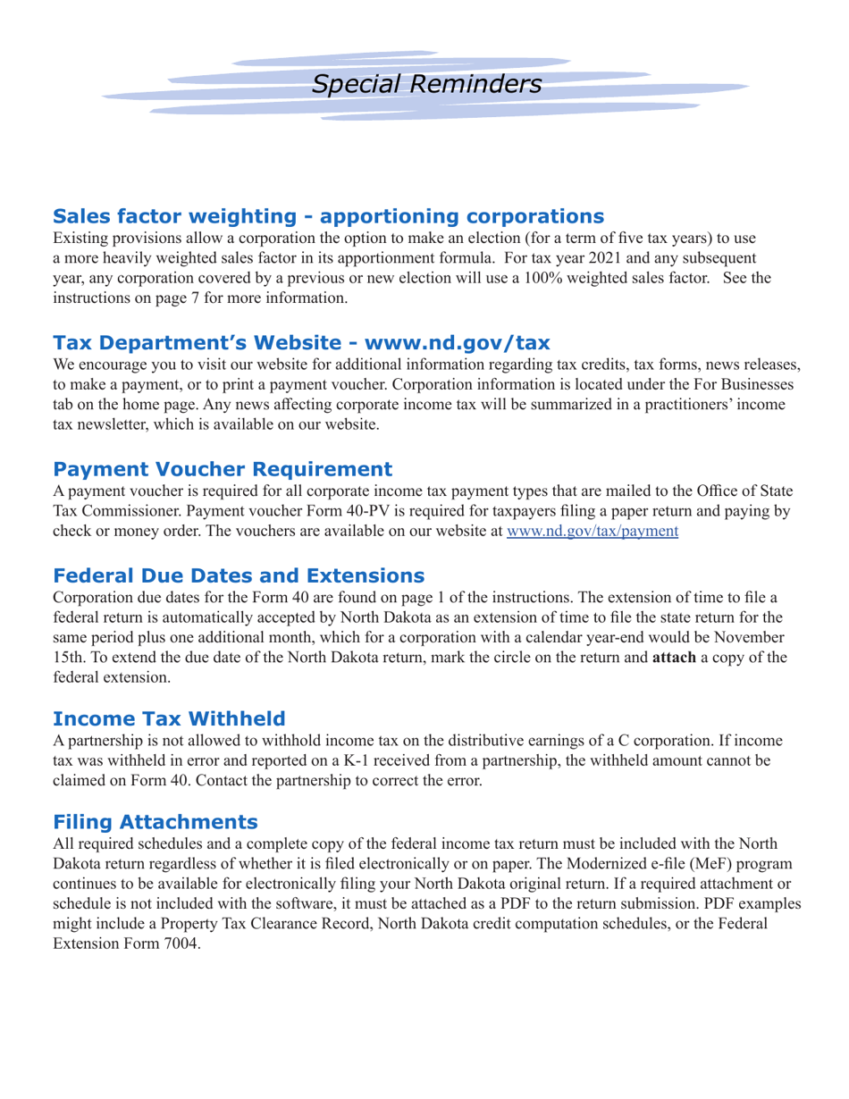 Instructions for Form 40, SFN28740 Corporation Income Tax Return - North Dakota, Page 3