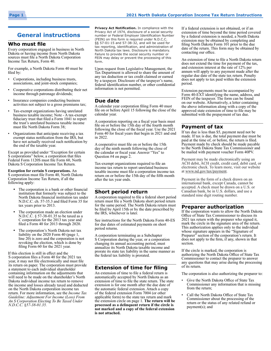Instructions for Form 40, SFN28740 Corporation Income Tax Return - North Dakota, Page 4