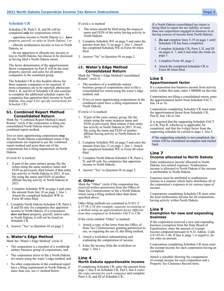 Instructions for Form 40, SFN28740 Corporation Income Tax Return - North Dakota, Page 7