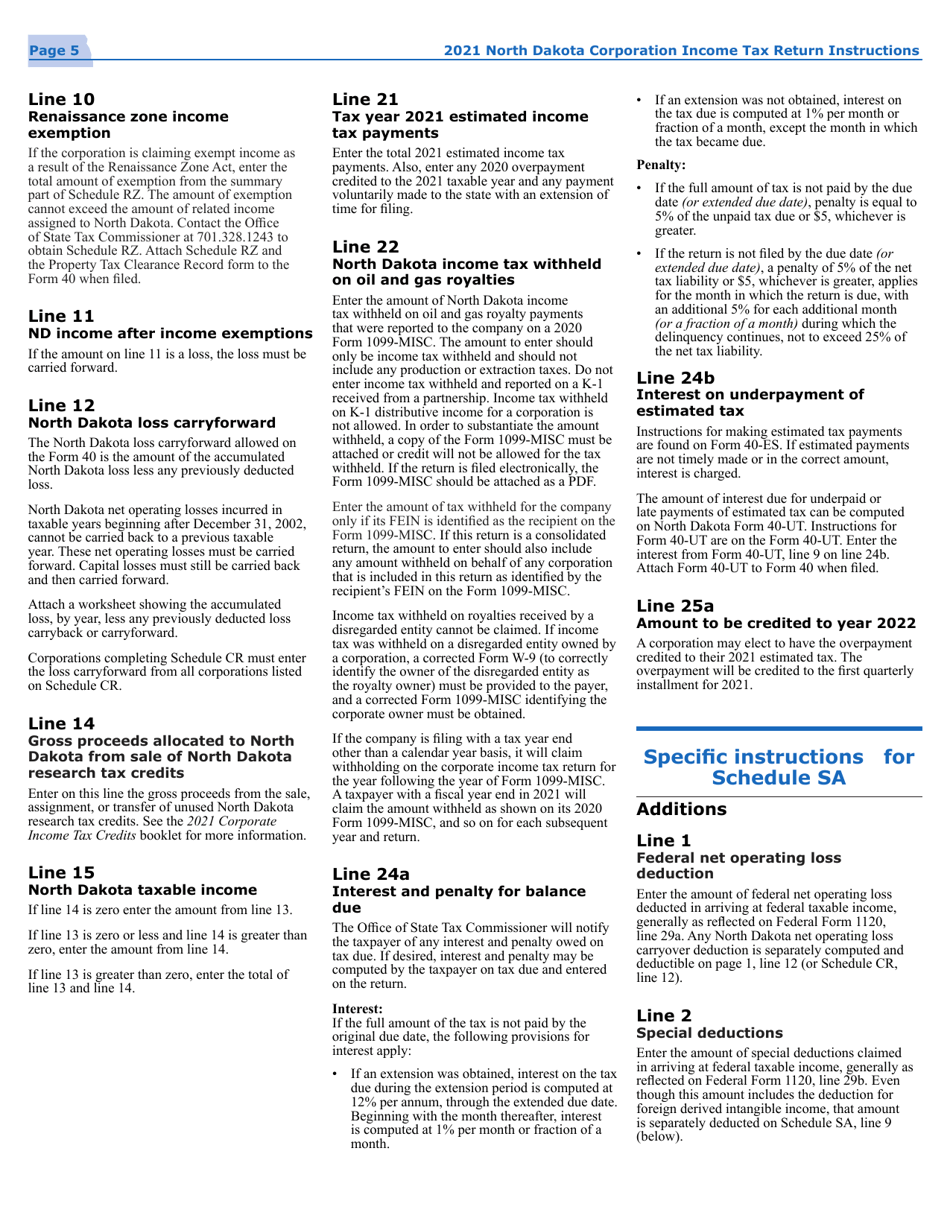 Instructions for Form 40, SFN28740 Corporation Income Tax Return - North Dakota, Page 8