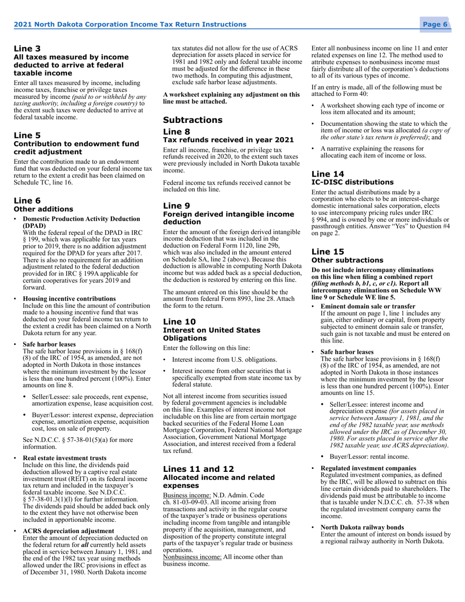 Instructions for Form 40, SFN28740 Corporation Income Tax Return - North Dakota, Page 9