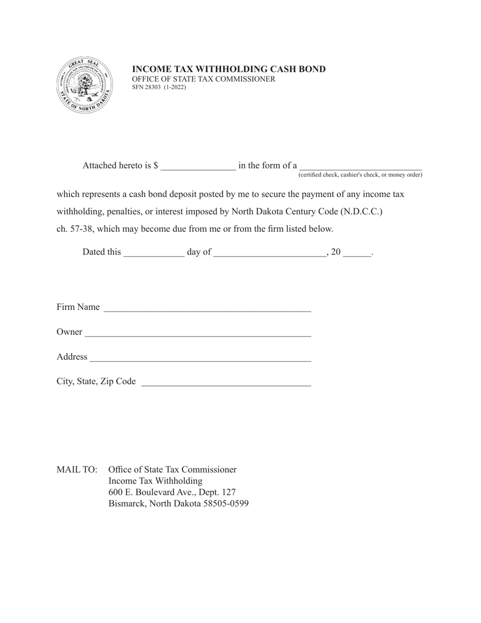 Form SFN28303 Income Tax Withholding Cash Bond - North Dakota, Page 1