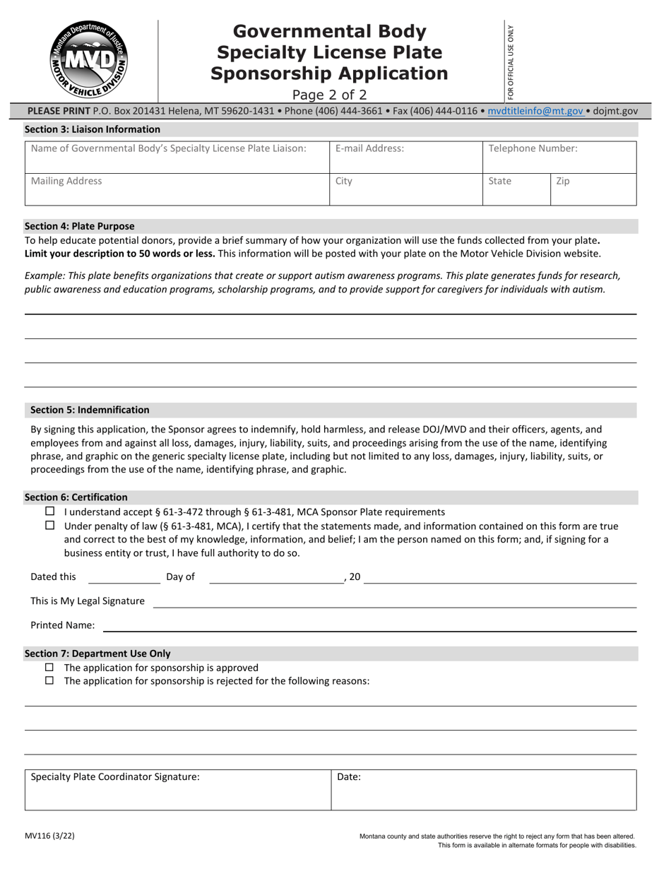 Form MV116 Governmental Body Specialty License Plate Sponsorship Application - Montana, Page 2