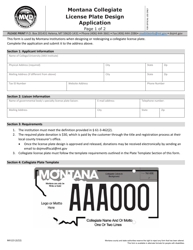 Document preview: Form MV123 Montana Collegiate License Plate Design Application - Montana, 2022