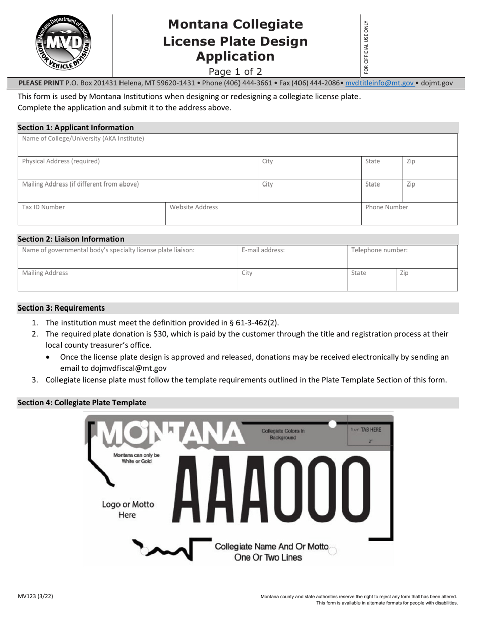 Form MV123 Montana Collegiate License Plate Design Application - Montana, Page 1