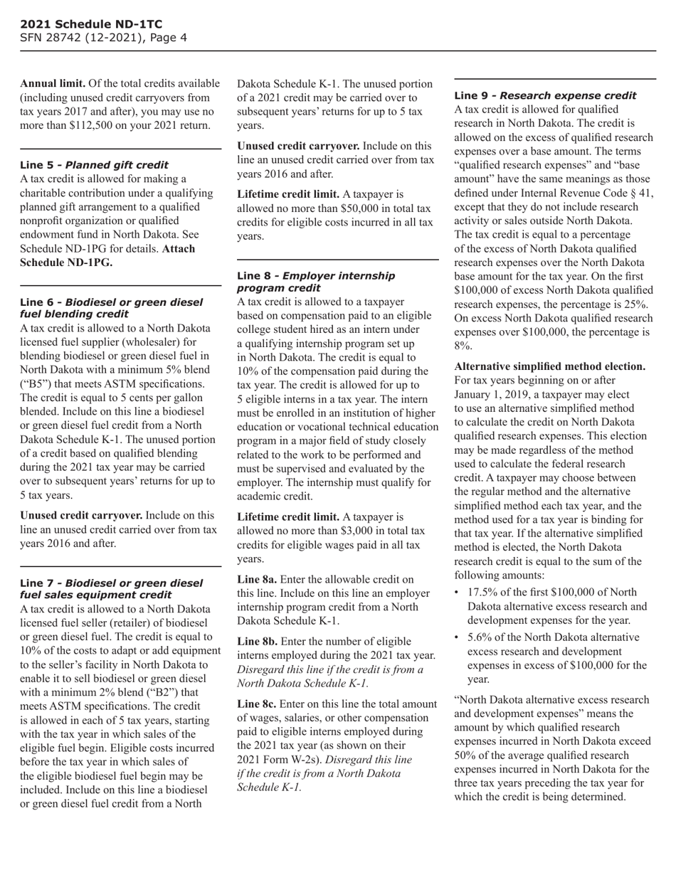 Form SFN28742 Schedule ND-1TC Tax Credits - North Dakota, Page 4