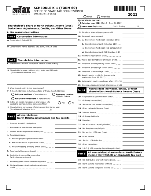 Form 60 (SFN28738) Schedule K-1 2021 Printable Pdf