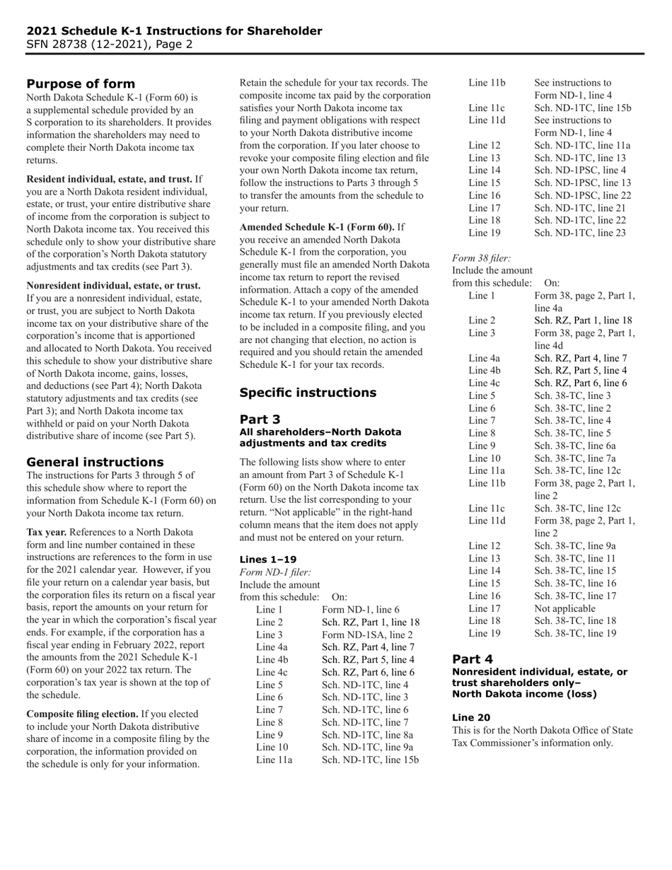 Form 60 (SFN28738) Schedule K-1 Shareholders Share of North Dakota Income (Loss), Deductions, Adjustments, Credits, and Other Items - North Dakota, Page 2