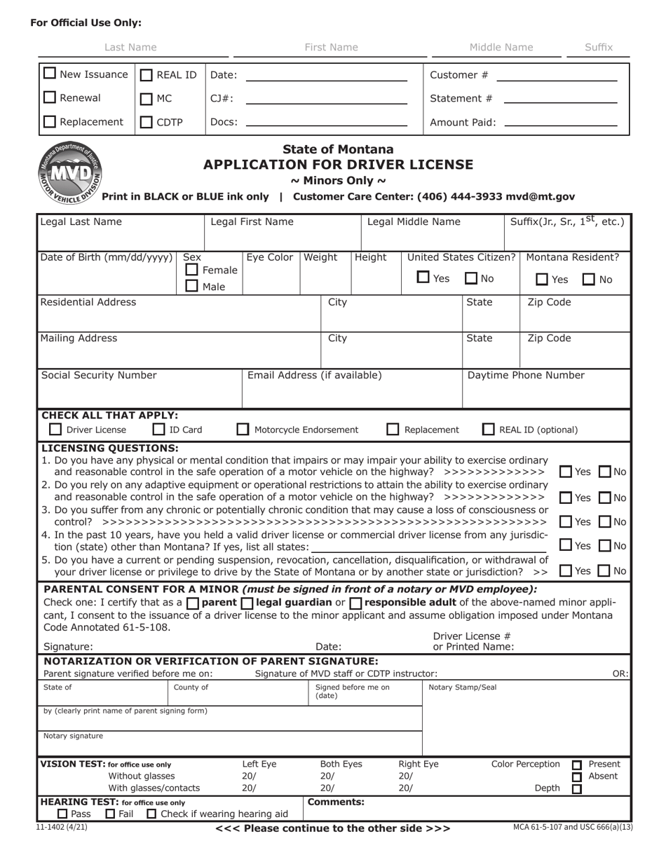 Form 11-1402 Application for Driver License (Minors Only) - Montana, Page 1
