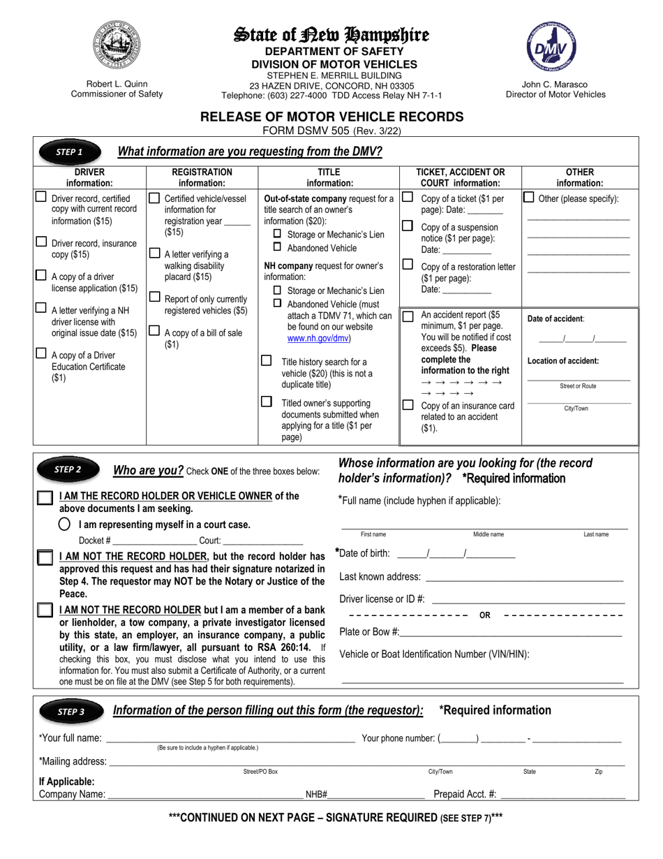Form DSMV505 Release of Motor Vehicle Records - New Hampshire, Page 1