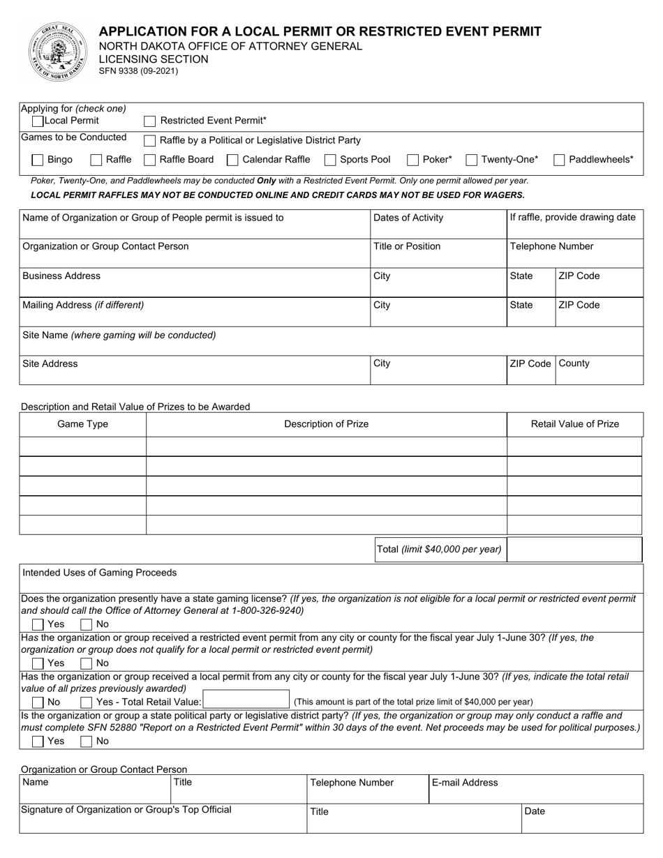 Form SFN9338 Application for a Local Permit or Restricted Event Permit - North Dakota, Page 1