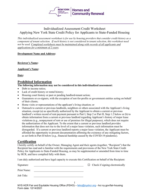 Feho Worksheet of Individualized Assessment for Credit Policy - New York Download Pdf