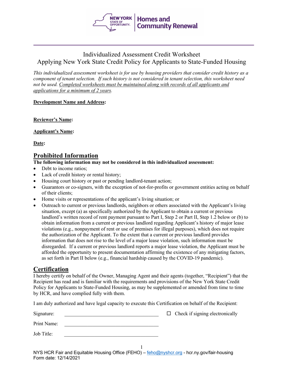 Feho Worksheet of Individualized Assessment for Credit Policy - New York, Page 1