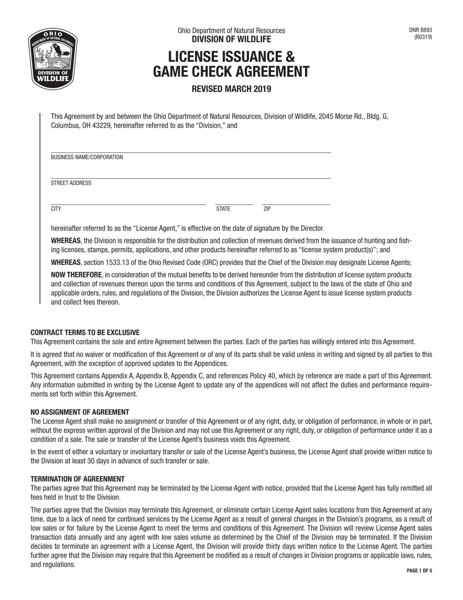 Form DNR8893 License Issuance  Game Check Agreement - Ohio, Page 1