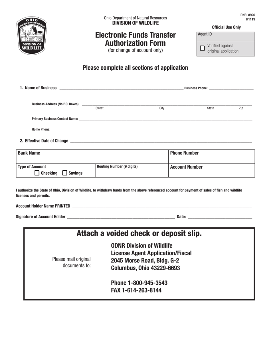 Form DNR8926 Electronic Funds Transfer Authorization Form - Ohio, Page 1