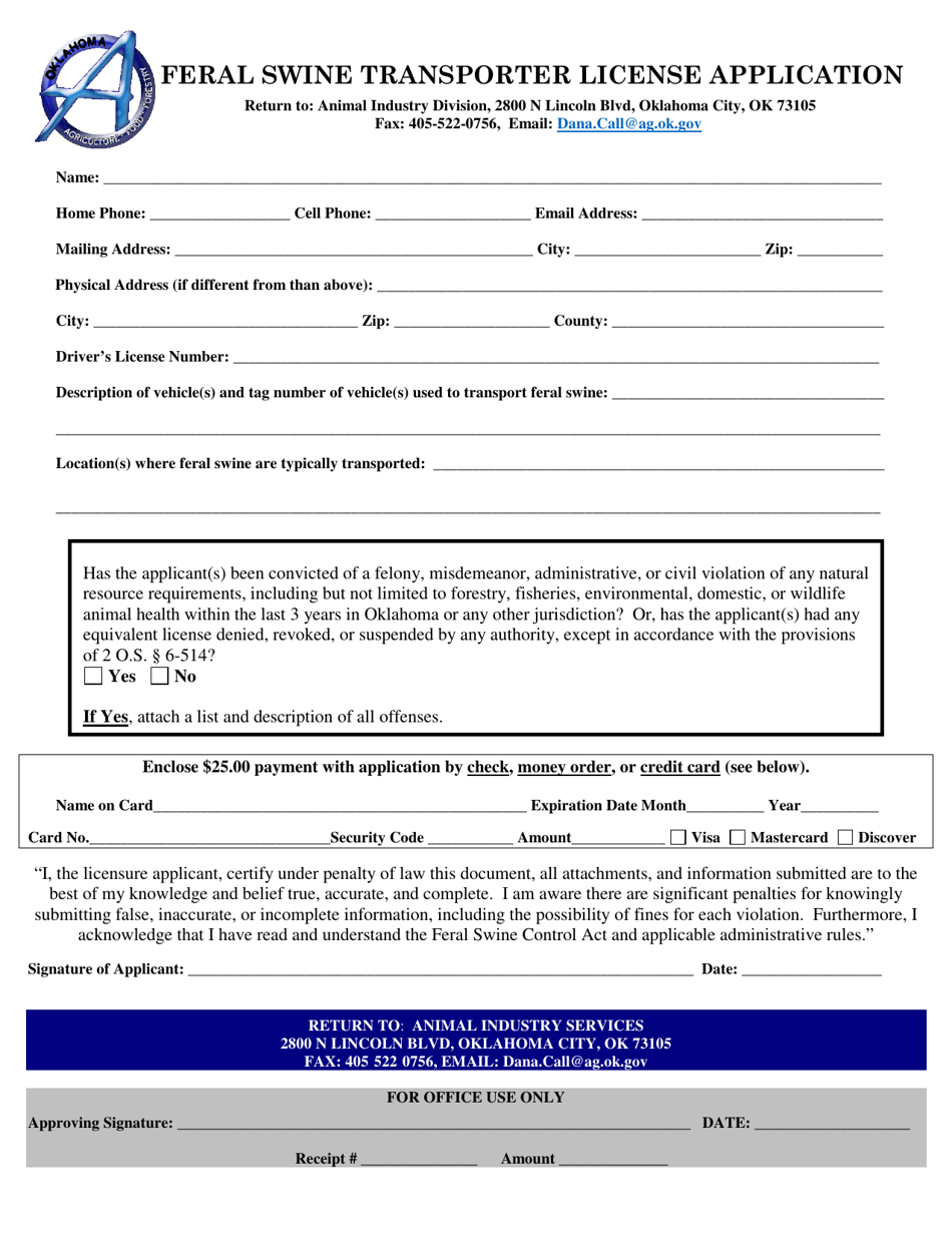 Feral Swine Transporter License Application - Oklahoma, Page 1