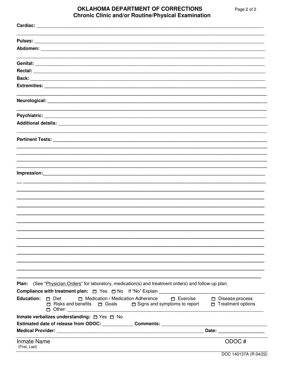 Form OP-140137A Chronic Clinic and / or Routine / Physical Examination - Oklahoma, Page 2