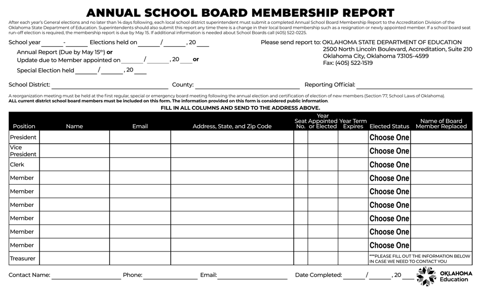 Annual School Board Membership Report - Oklahoma, Page 1