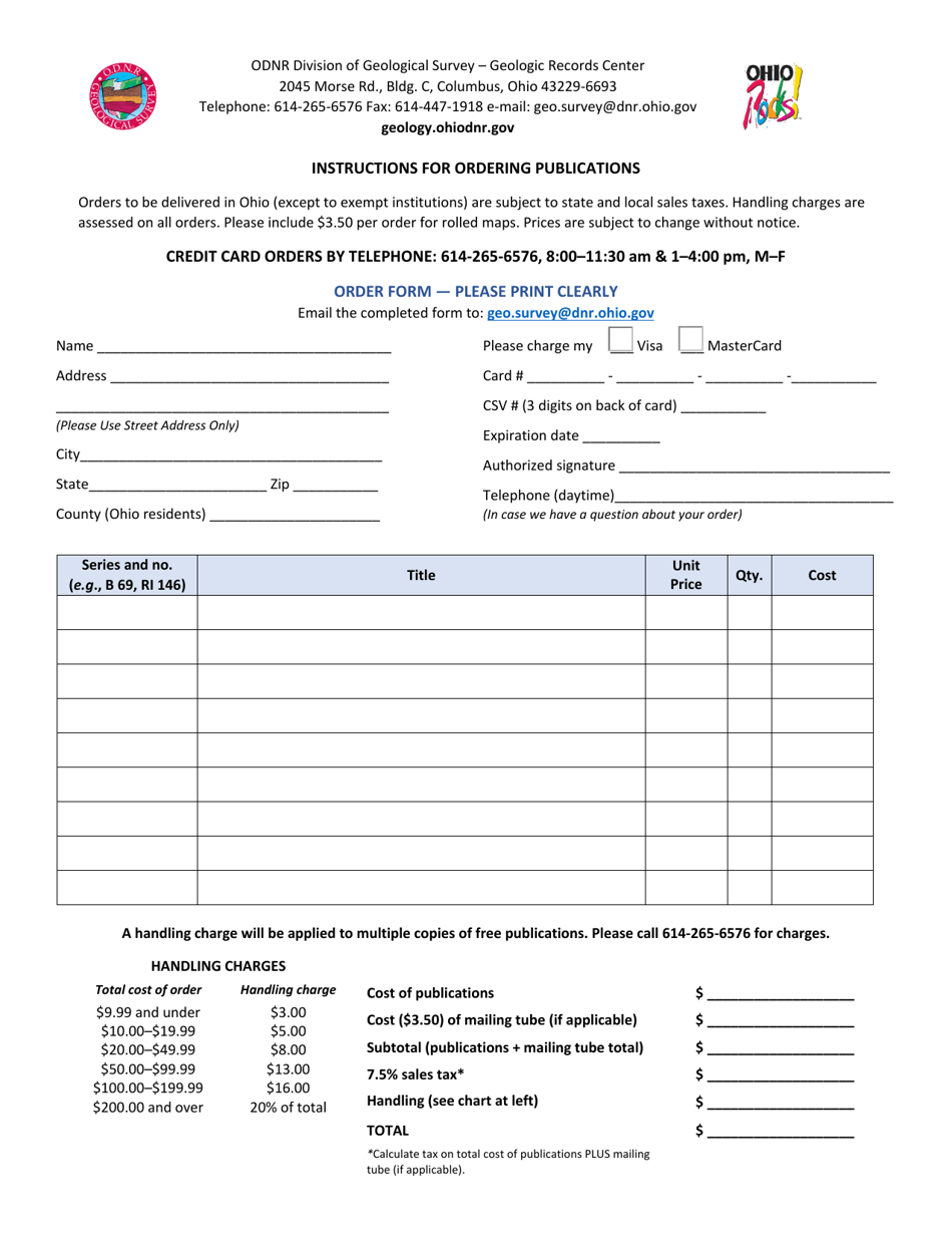 Ohio Geological Survey Publications Ordering Form - Ohio, Page 1