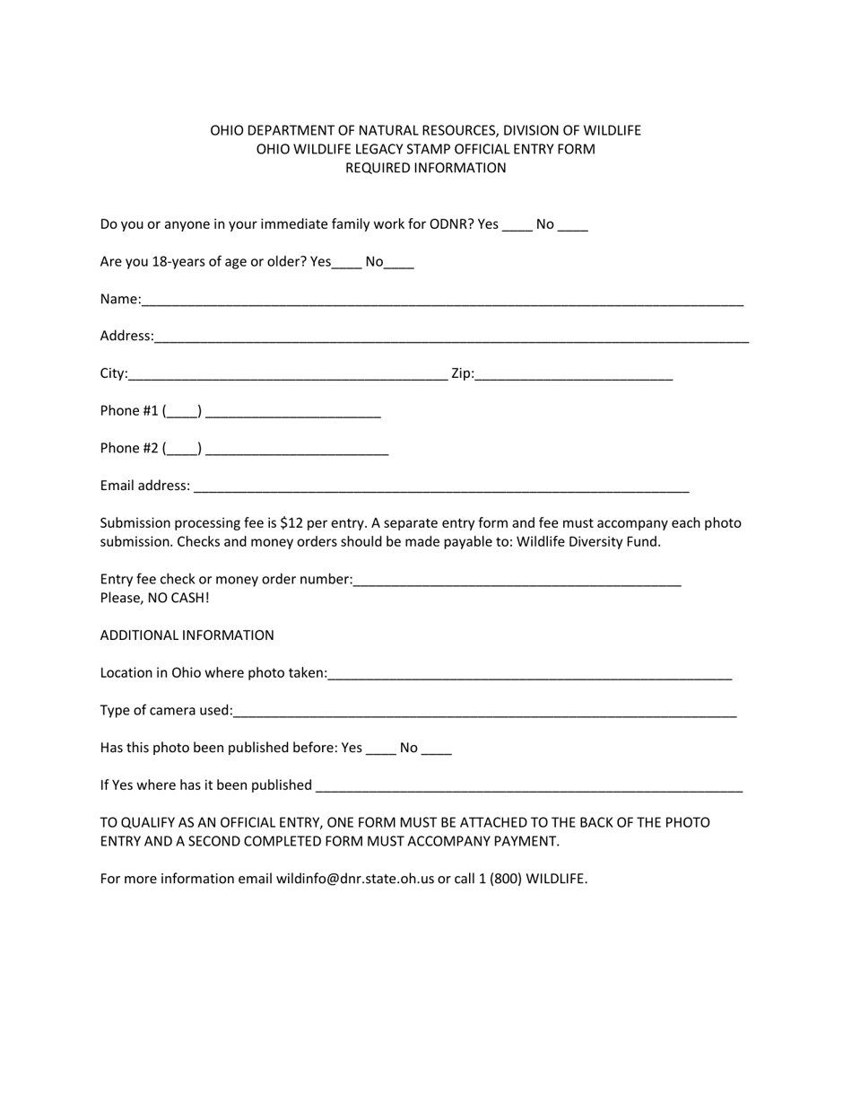 Ohio Wildlife Legacy Stamp Official Entry Form - Ohio, Page 1