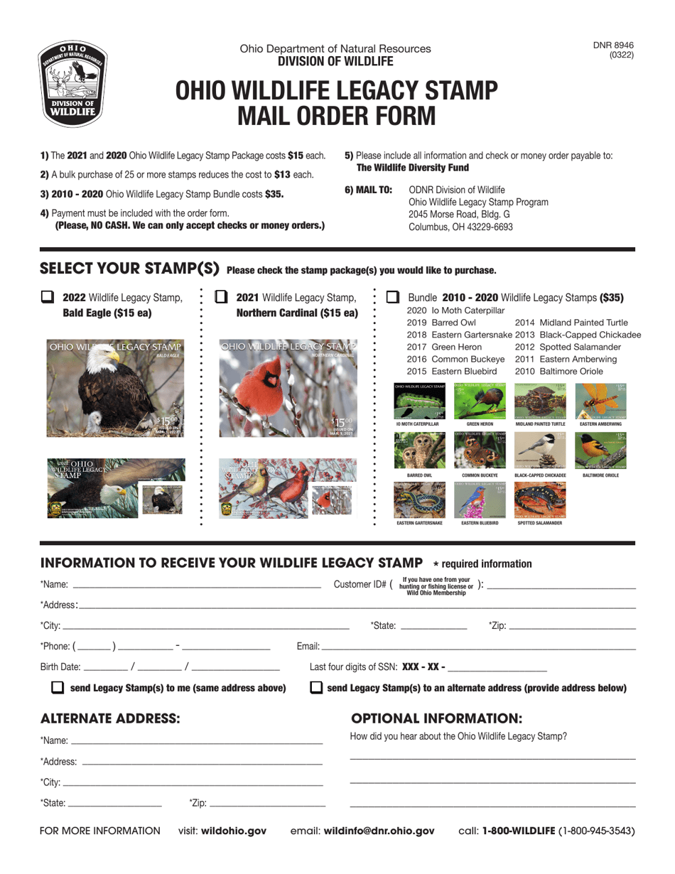 Form DNR8946 Ohio Wildlife Legacy Stamp Mail Order Form - Ohio, Page 1