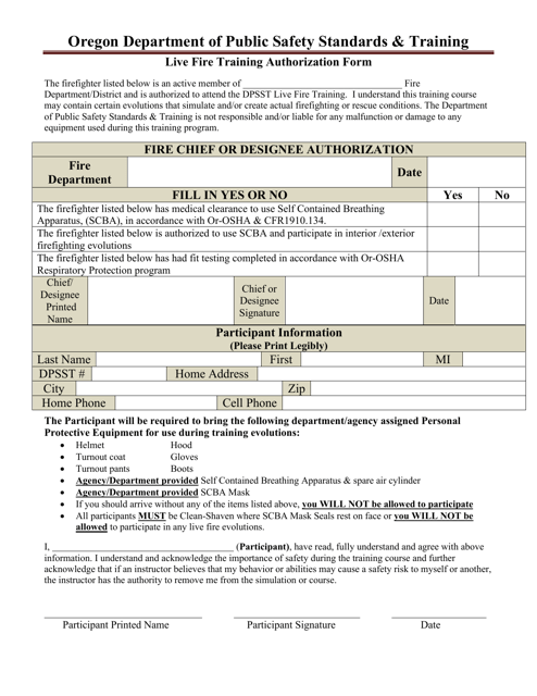 Live Fire Training Authorization Form - Oregon Download Pdf