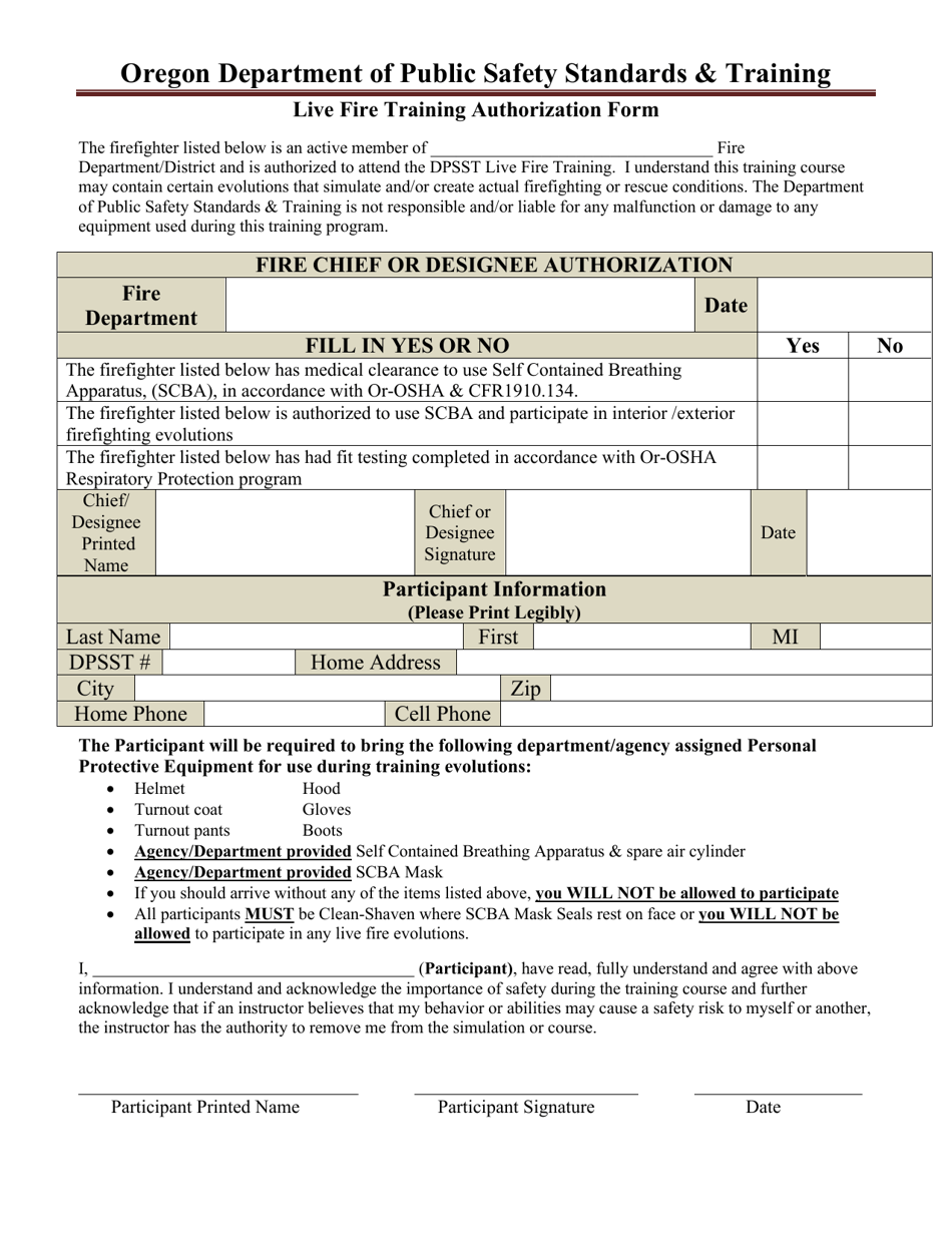 Live Fire Training Authorization Form - Oregon, Page 1