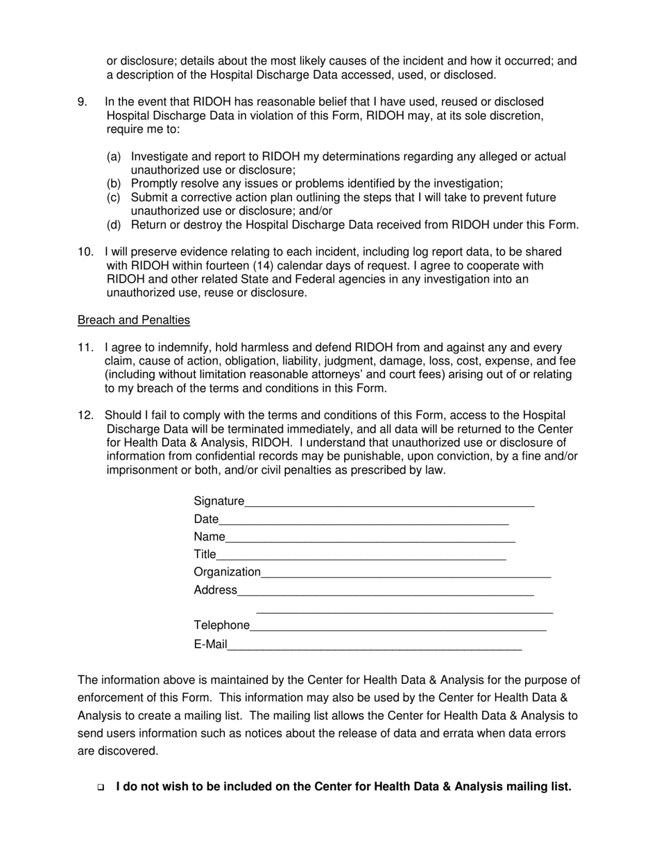 Rhode Island Hospital Discharge Data Release Assurances Form - Rhode Island, Page 3
