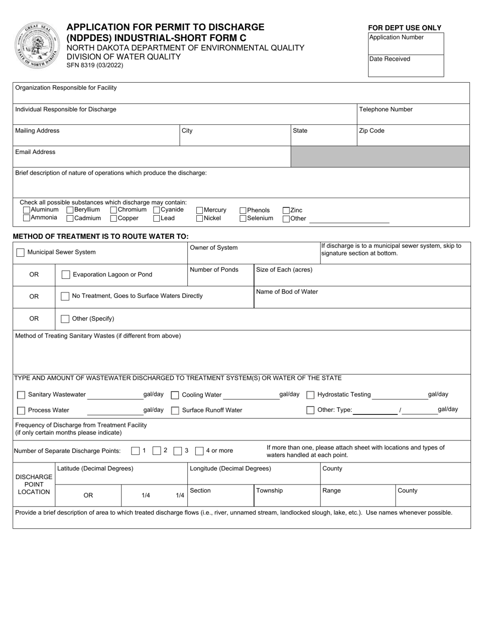 Form C (SFN8319) Application for Permit to Discharge (Ndpdes) Industrial - Short Form - North Dakota, Page 1