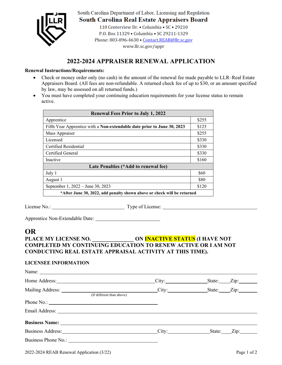 2024 South Carolina Appraiser Renewal Application Download Fillable PDF