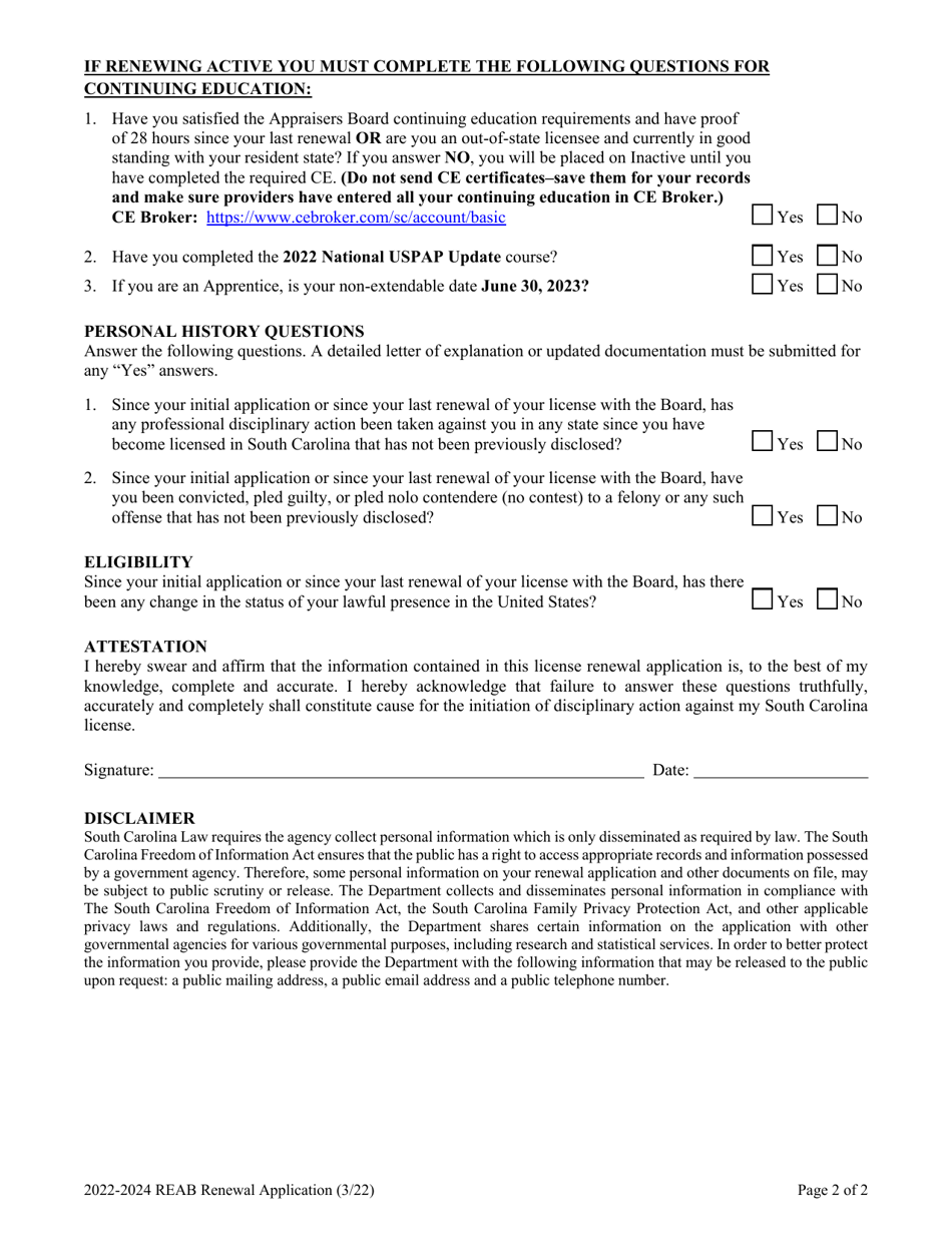 2024 South Carolina Appraiser Renewal Application Fill Out, Sign