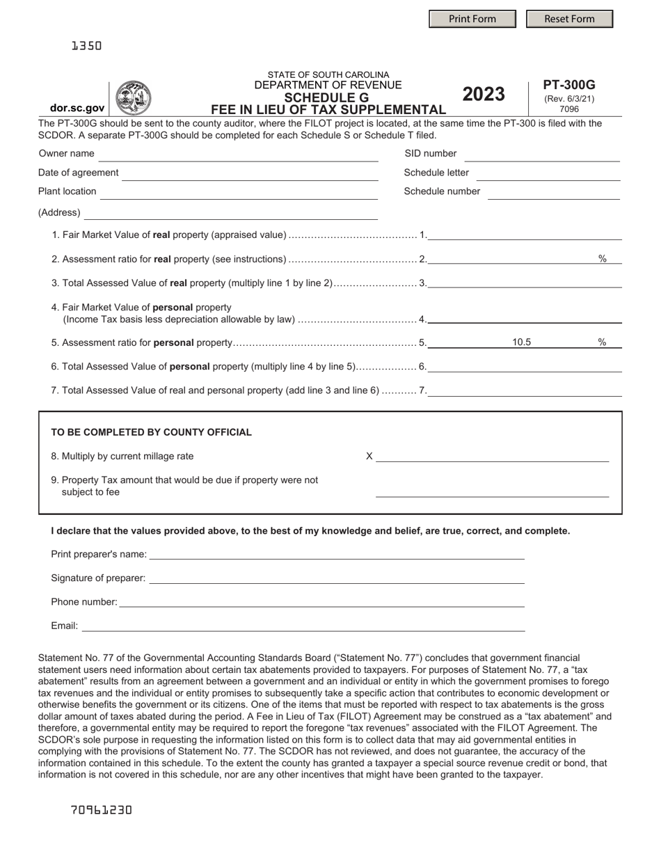 Form PT-300G Schedule G Fee in Lieu of Tax Supplemental - South Carolina, Page 1
