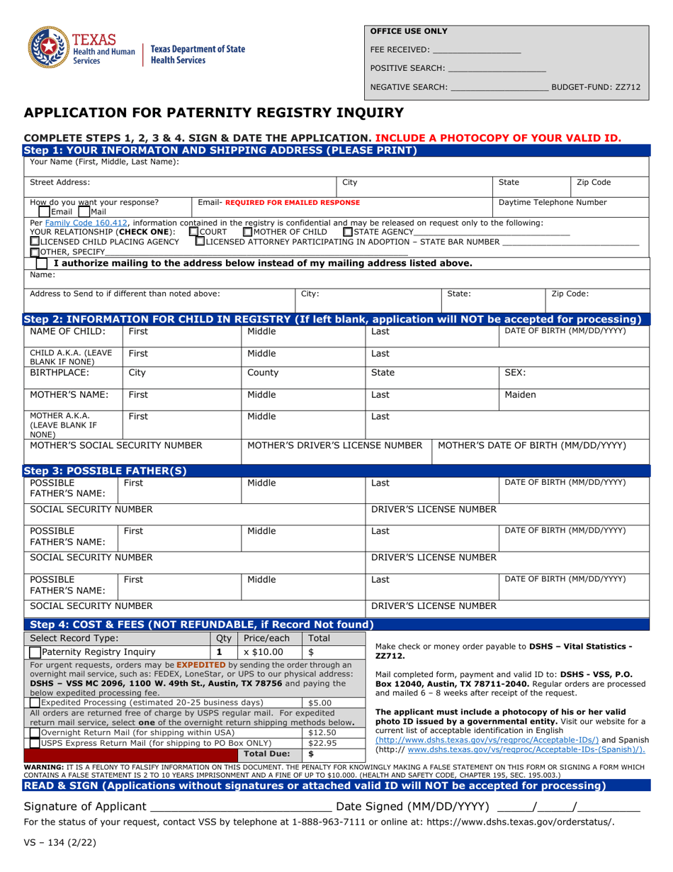 Form VS-134 Application for Paternity Registry Inquiry - Texas, Page 1