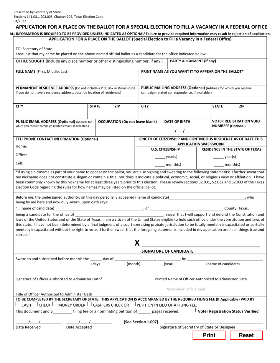 Form 2-24 Application for a Place on the Ballot for a Special Election to Fill a Vacancy in a Federal Office - Texas (English/Spanish), Page 1