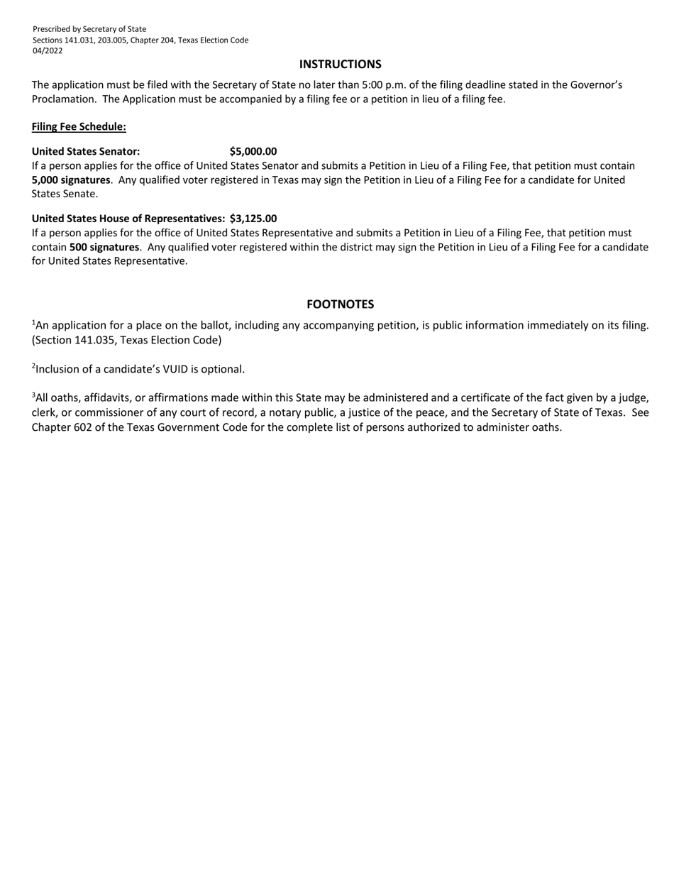 Form 2-24 Application for a Place on the Ballot for a Special Election to Fill a Vacancy in a Federal Office - Texas (English / Spanish), Page 2