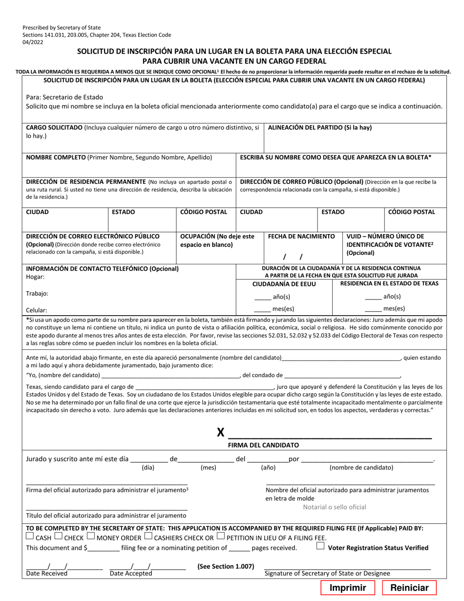 Form 2-24 Application for a Place on the Ballot for a Special Election to Fill a Vacancy in a Federal Office - Texas (English / Spanish), Page 3