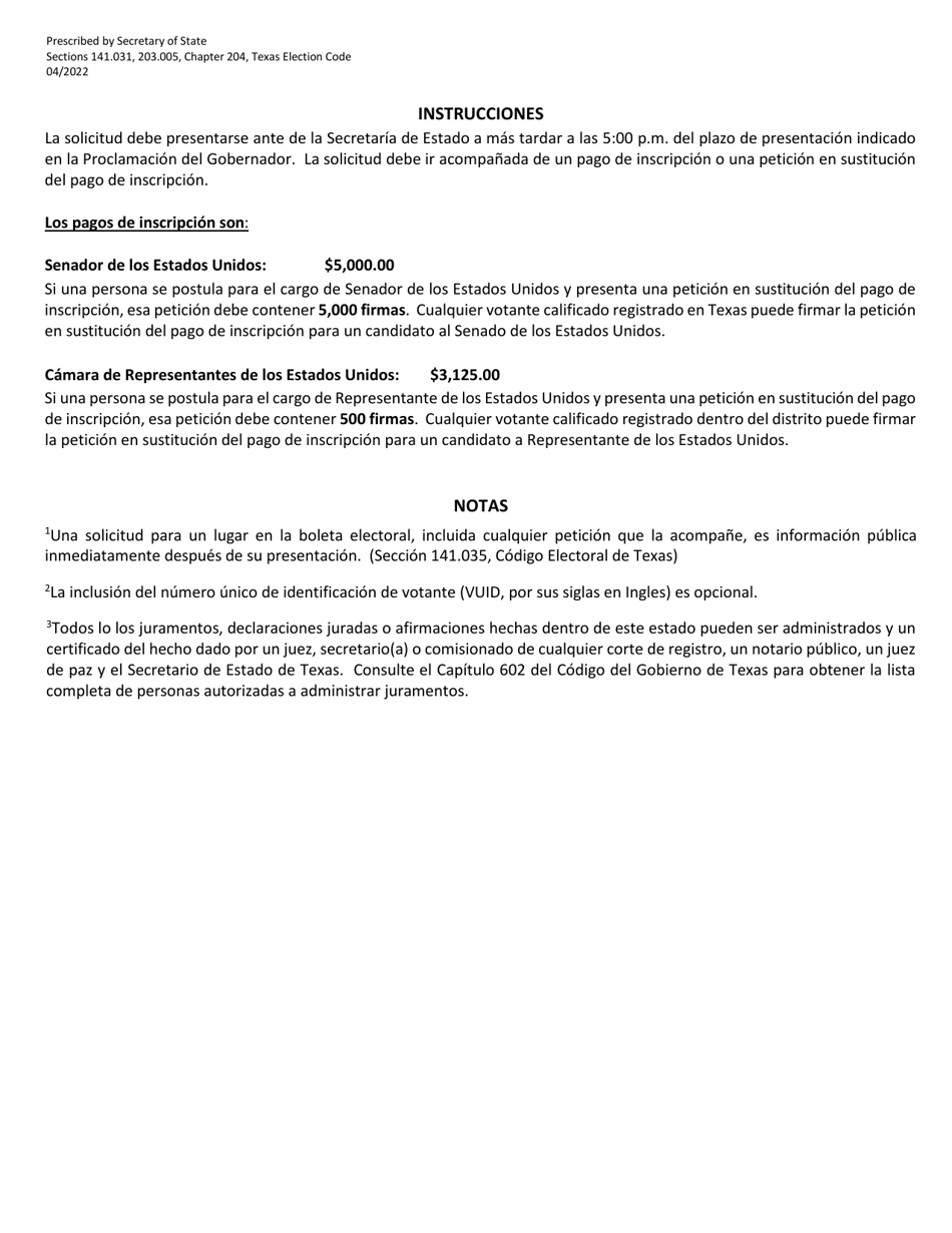 Form 2-24 Application for a Place on the Ballot for a Special Election to Fill a Vacancy in a Federal Office - Texas (English / Spanish), Page 4