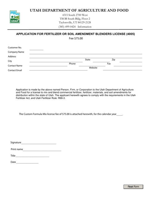 Application for Fertilizer or Soil Amendment Blenders License (4005) - Utah Download Pdf