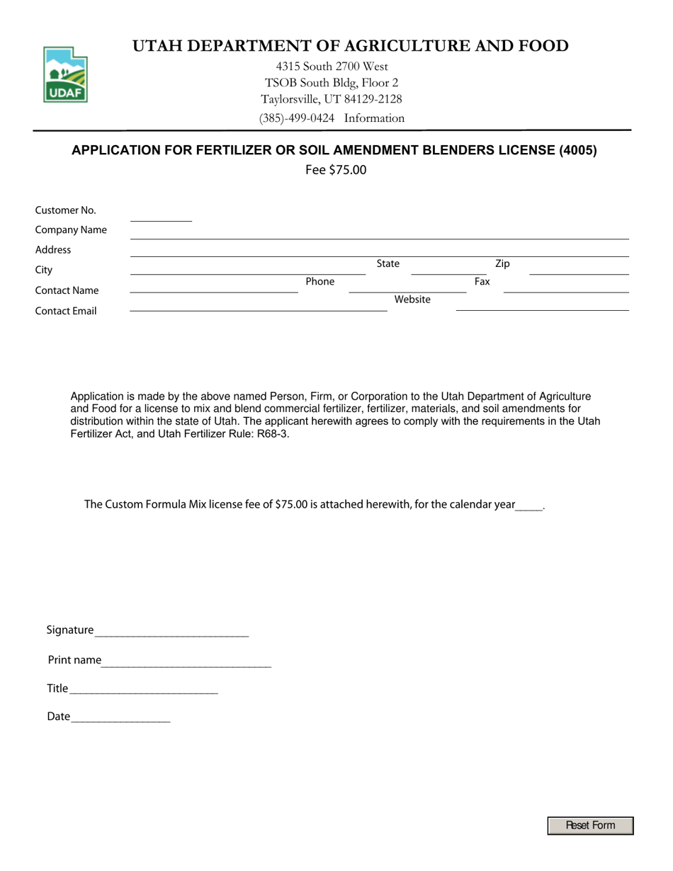Utah Application for Fertilizer or Soil Amendment Blenders License