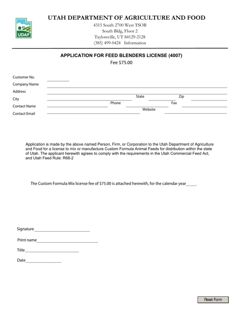Application for Feed Blenders License (4007) - Utah Download Pdf