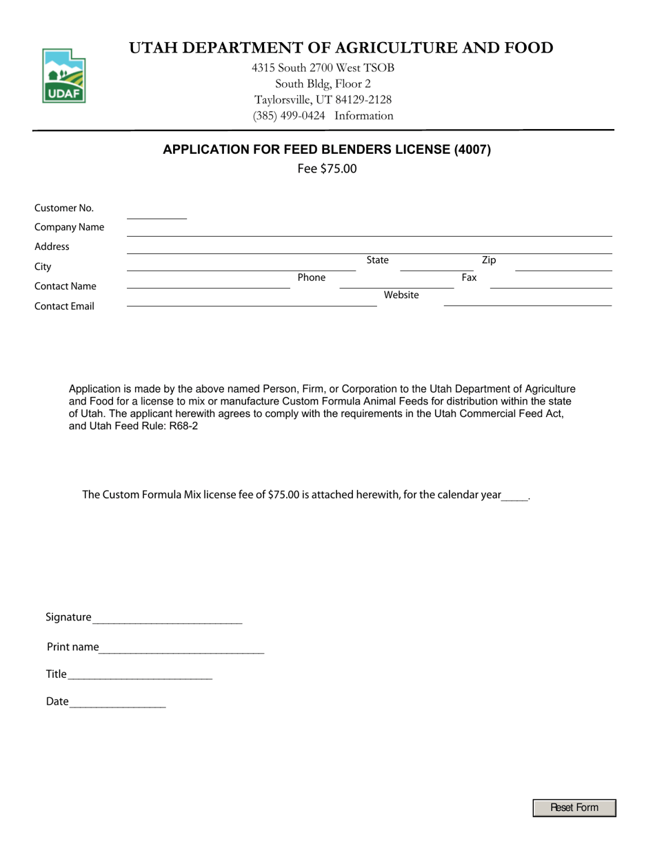 Application for Feed Blenders License (4007) - Utah, Page 1