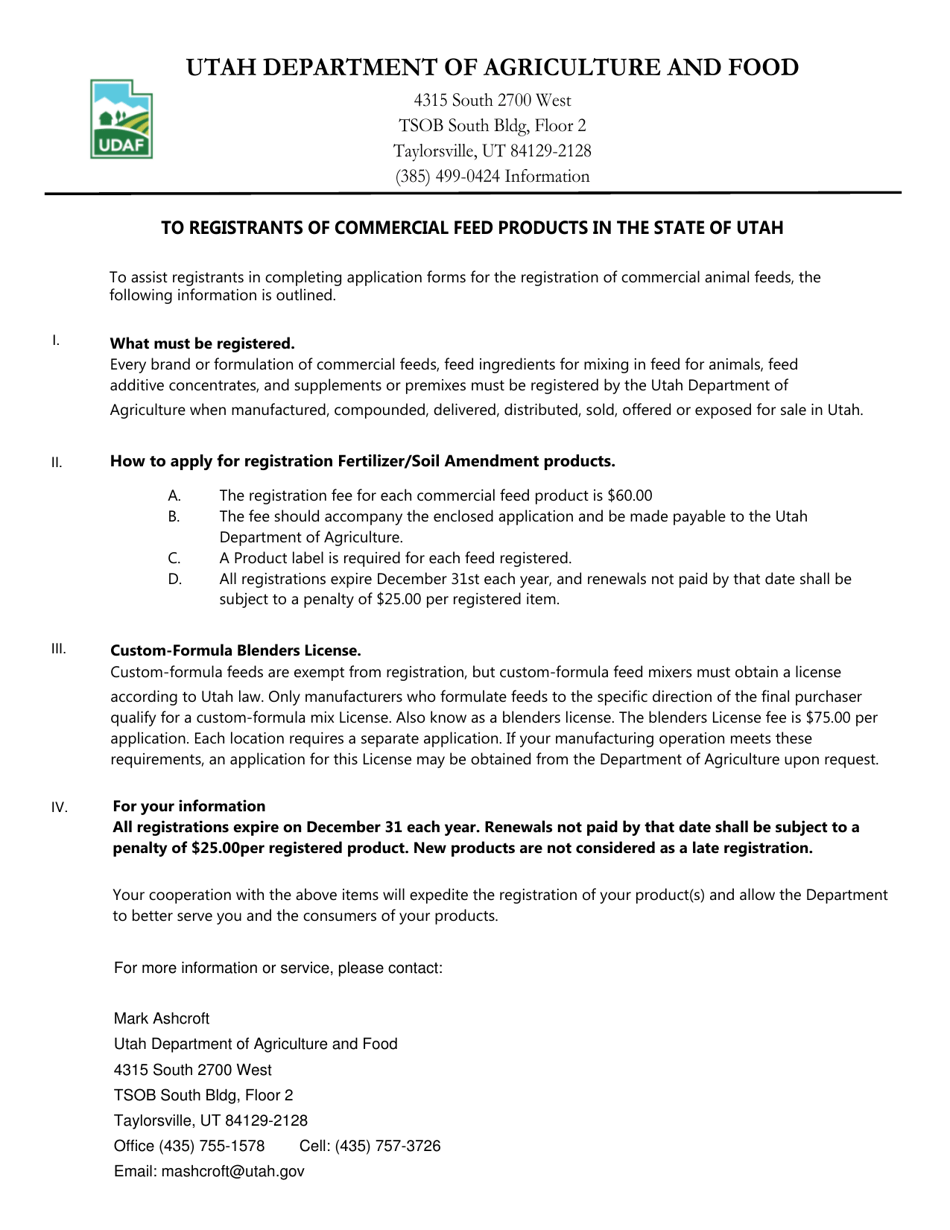 Application for Registration - Commercial Feed Products - Utah, Page 1